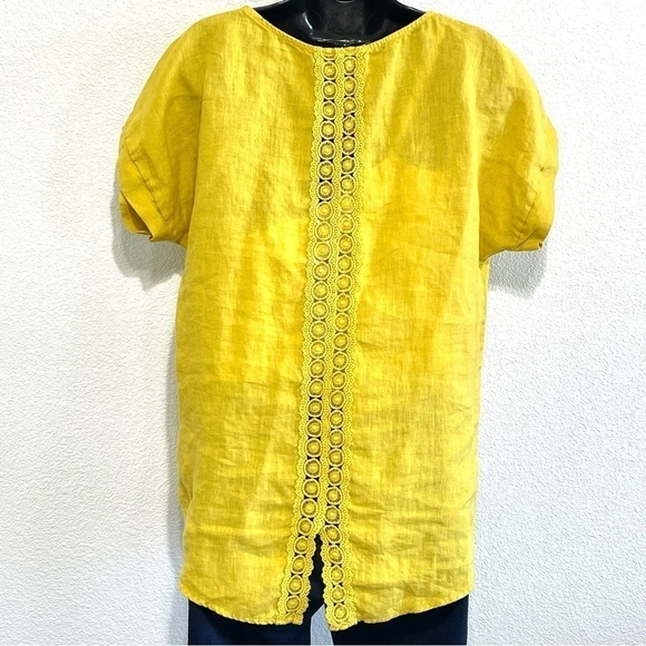 Terzo Millennio Woman 100% LINEN Yellow Back Stripe Lace Top Blouse ITALY Size S - Picture 3 of 11